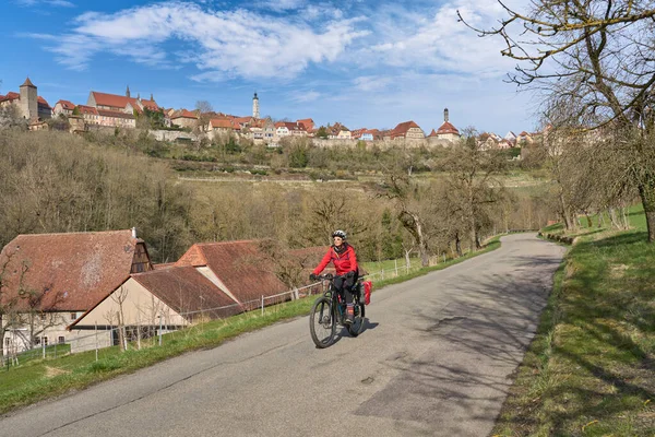 Nice City Woman Cycling Tour Famous German Route Castles Medieval — ストック写真