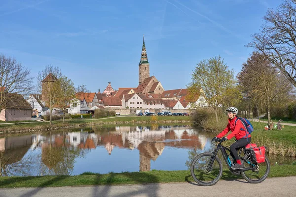 Nice Woman Bike Cycling Tour Famous German Route Castles Medieval — ストック写真