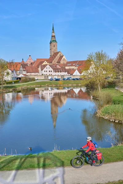 Nice Woman Bike Cycling Tour Famous German Route Castles Medieval — ストック写真