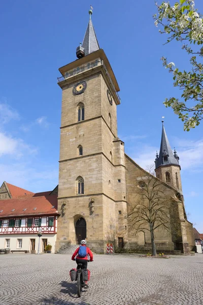 Hringen Baden Wuerttemberg Germany Woman Bicycle Tour Downtown Hringen Its — ストック写真