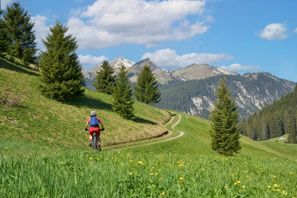 Nette Seniorin Mit Ihrem Elektro Mountainbike Lechtal Bei Reutte Tirol — Stockfoto