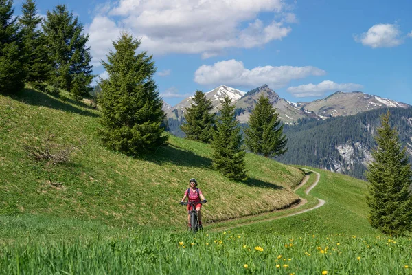 Nette Seniorin Mit Ihrem Elektro Mountainbike Lechtal Bei Reutte Tirol — Stockfoto