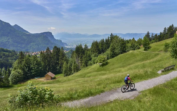 Nice Senior Woman Riding Her Electric Mountain Bike Bregenzer Wald — Stock Photo, Image