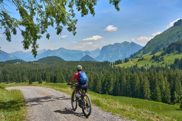 Agradable Mujer Mayor Activa Marcha Con Bicicleta Montaña Eléctrica Wald — Foto de Stock