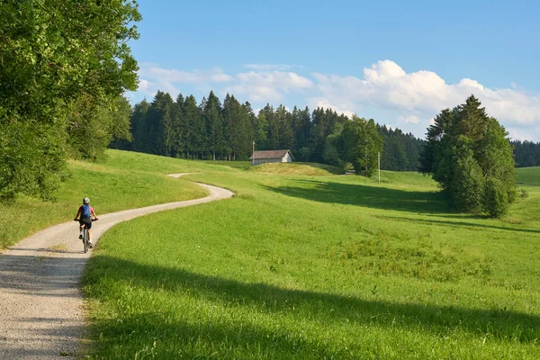 Csinos Idős Lovaglás Elektromos Mountain Bike Allgaeu Hegyek Felett Oberstaufen — Stock Fotó