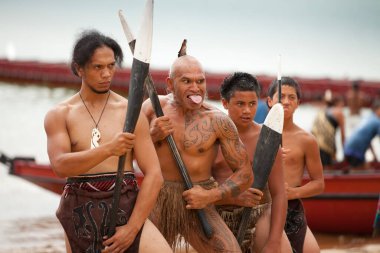 Waitangi, New Zeland, North Island, Maori warriors with tatoos, celebrating Waitangi Day, the anniversary of the treaty of Waitangi between the British government and the maori