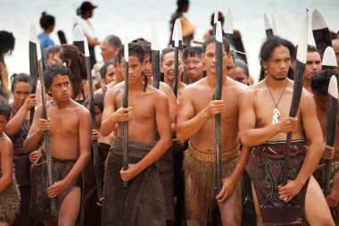 Waitangi, New Zeland, North Island,Maori warriors with tatoos, celebrating Waitangi Day, the anniversary of the treaty of Waitangi between the British government and the maori