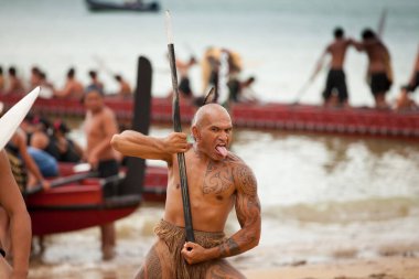 Waitangi, New Zeland, North Island,Maori warriors with tatoos, celebrating Waitangi Day, the anniversary of the treaty of Waitangi between the British government and the maori