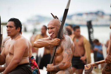 Waitangi, New Zeland, North Island,Maori warriors with tatoos, celebrating Waitangi Day, the anniversary of the treaty of Waitangi between the British government and the maori