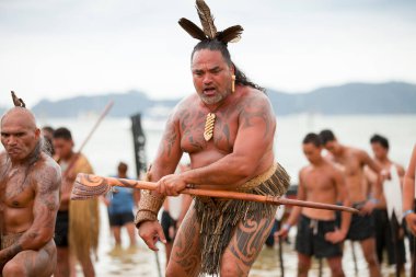 Waitangi, New Zeland, North Island,Maori warriors with tatoos, celebrating Waitangi Day, the anniversary of the treaty of Waitangi between the British government and the maori