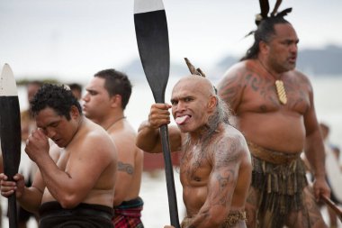 Waitangi, New Zeland, North Island,Maori warriors with tatoos, celebrating Waitangi Day, the anniversary of the treaty of Waitangi between the British government and the maori