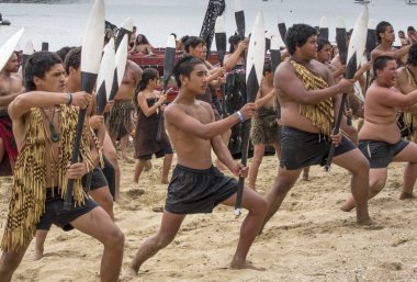 Waitangi, New Zeland, North Island,Maori warriors with tatoos, celebrating Waitangi Day, the anniversary of the treaty of Waitangi between the British government and the maori