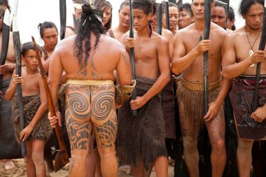 Waitangi, New Zeland, North Island,Maori warriors with tatoos, celebrating Waitangi Day, the anniversary of the treaty of Waitangi between the British government and the maori