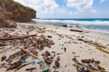 sand beach full of plastic litters on tropic Christmas Island, Indian ocean, Australia, 