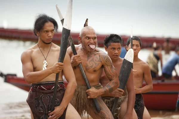 Waitangi, New Zeland, North Island, Maori warriors with tatoos, celebrating Waitangi Day, the anniversary of the treaty of Waitangi between the British government and the maori