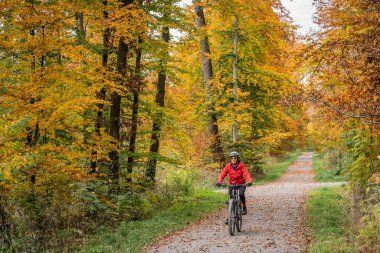 pretty senior woman on electric bicycle in a colorful autumn forest with golden foliage in Baden-Wuerttemberg, Germany