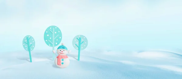 冬の休日の挨拶テキストのための空のスペースを持つ雪だるまと木の冬の装飾 — ストック写真