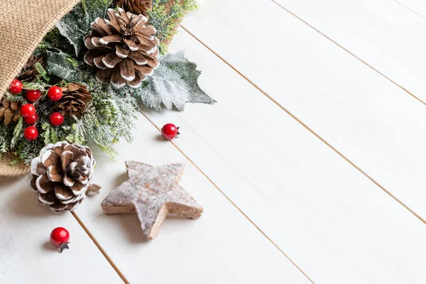 Decorações Natal Saco Velho Mesa Madeira Branca Copiar Espaço Lado — Fotografia de Stock