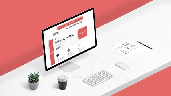 デフォルトのバナーサイズと会社のWebページレイアウト上の位置を持つオンライン広告の概念 オフィスデスク上のコンピュータディスプレイ等の位置 — ストック写真