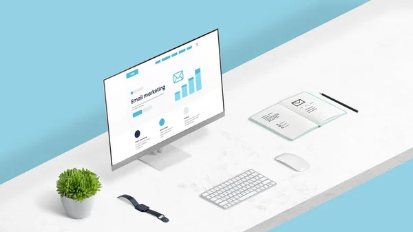 Email Marketing Concept Web Page Computer Display Office Desk Isometric — Stockfoto