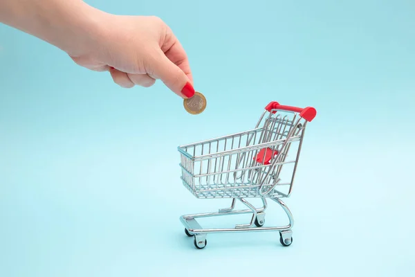 Hand Puts Coin Shopping Cart Concept Saving Stores Everyday Grocery — Stock Fotó