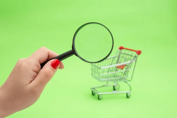 Magnifying Glass Woman Hand Shopping Trolley Background Concept Product Search — Stock fotografie