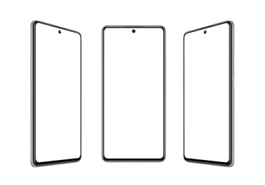Modern telefon şablonları. Model ve uygulama tasarım promosyonu için izole edilmiş arkaplan ve görüntü. Akıllı telefon üç pozisyonda.