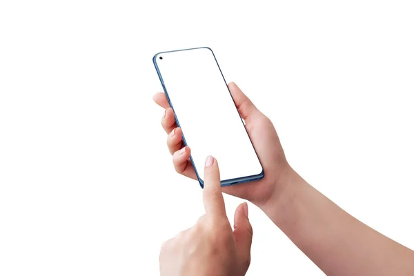 Moderne Smartphone Vrouwenhanden Linkerhand Touchscreen Concept Geïsoleerde Weergave Achtergrond Wit — Stockfoto