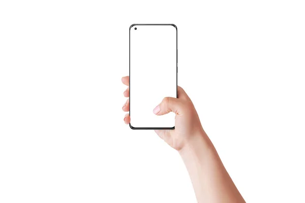 Kvinna Hand Hålla Smart Telefon Och Pekskärm Med Tumme Finger — Stockfoto