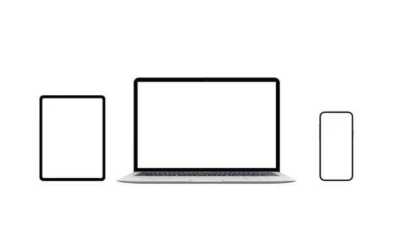 Laptop Isolado Tablet Telefone Inteligente Com Telas Branco Para Mockup — Fotografia de Stock