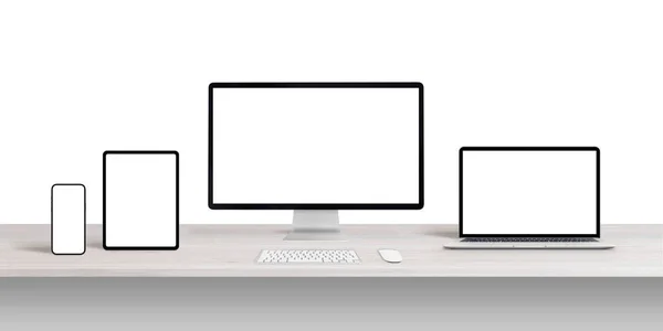 Datorskärm Bärbar Dator Surfplatta Och Telefon Skrivbordet Med Isolerade Tomma — Stockfoto