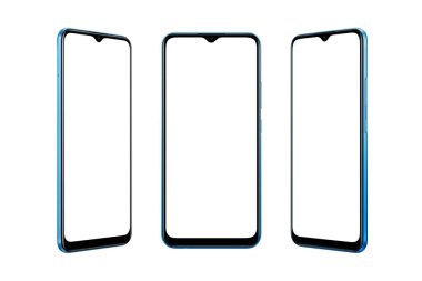 İzole edilmiş mavi modern akıllı telefon. Üç pozisyonda model için boş ekran.