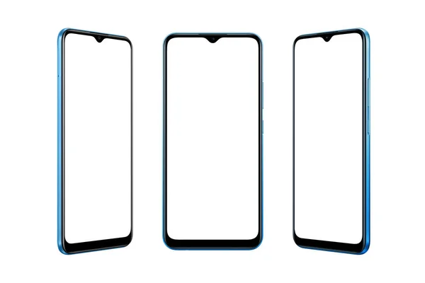 Odizolowany Niebieski Nowoczesny Smartfon Czystym Ekranem Makiety Trzech Pozycjach — Zdjęcie stockowe