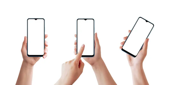在不同的女人手里模仿手机用白色隔开 手部光滑柔软 应用程序演示用空白屏幕 — 图库照片