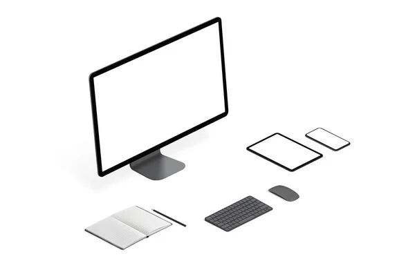 Tepki Cihazları Beyaz Masa Üzerinde Izole Edilmiş Model Izometrik Perspektif — Stok fotoğraf