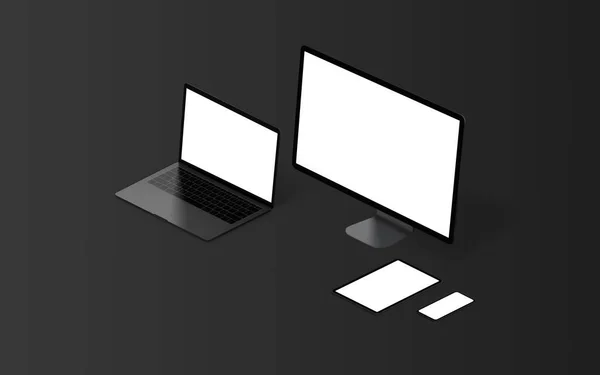 Черный Низкий Свет Компьютера Дисплей Ноутбук Планшет Смартфон Макет Изометрическое — стоковое фото