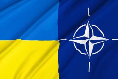 Ukrayna ve NATO bayrağı. İşbirliği ve ortaklık kavramı 
