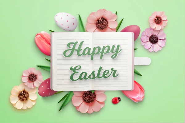 Tarjeta Felicitación Feliz Pascua Con Cuaderno Huevos Pascua Flores — Foto de Stock