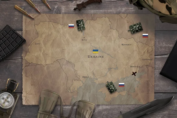 Карта Российского Вторжения Украину Военной Техникой Столе Вид Сверху Плоская — стоковое фото