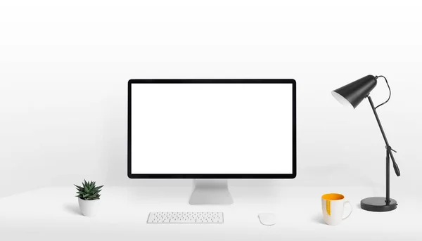 Комп Ютерний Дисплей Макет Робочому Столі Порожній Білий Ізольований Екран — стокове фото
