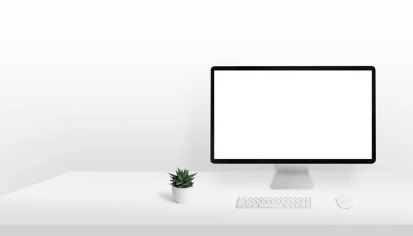 コピースペースが横にあるワークデスクでコンピュータがモックアップを表示します クリーンで軽い構成 ページプレゼンテーションのための独立した画面 — ストック写真