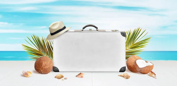 White Suitcase Space Text Logo Presentation Surrounded Palm Leaves Coconuts — 스톡 사진