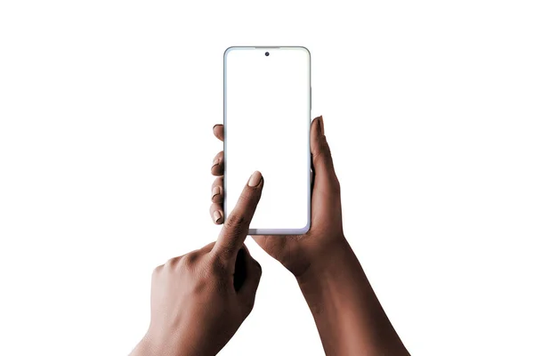 Moderno Branco Perla Telefone Inteligente Mãos Mulher Baixa Luz Pele — Fotografia de Stock