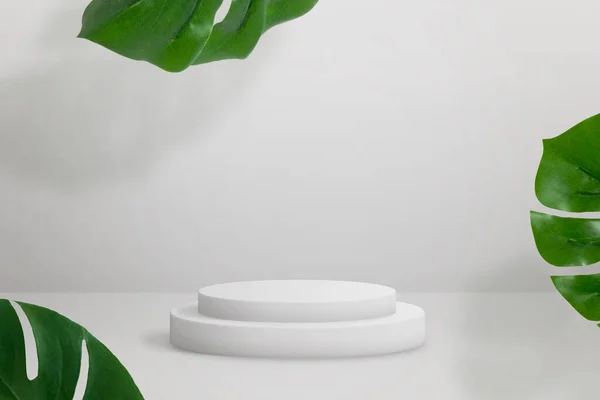 Witte Pedestral Grijs Oppervlak Omgeven Door Groene Plantenbladeren Voor Productpresentatie — Stockfoto