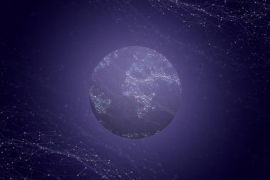 Küresel ağ kavramı. Ağ düğümlü gezegen. Mor arkaplan