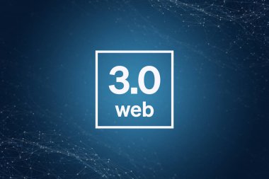 Web 3.0 çizimi. Mavi arkaplandaki ağ düğümleriyle çevrili çerçevedeki metin.