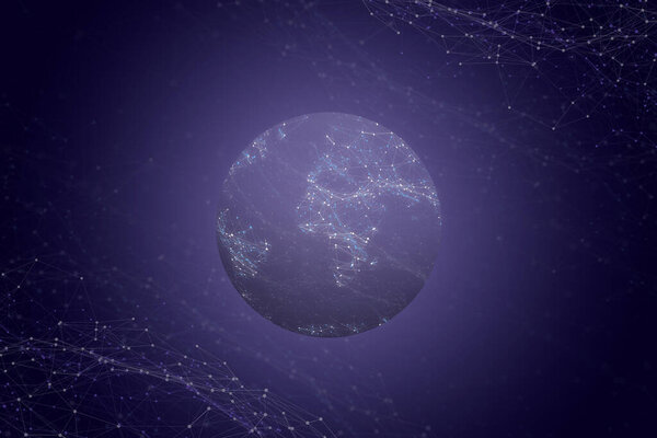 Глобальная сетевая концепция. Планета с сетевыми узлами. Фиолетовый фон