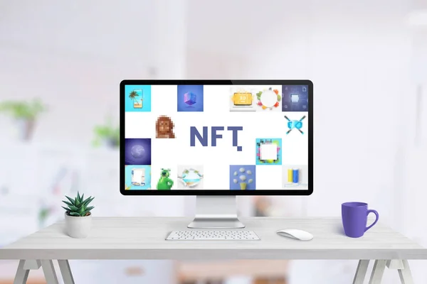 Computer display on work desk with NFT art concept. Non-fungible token composition concept