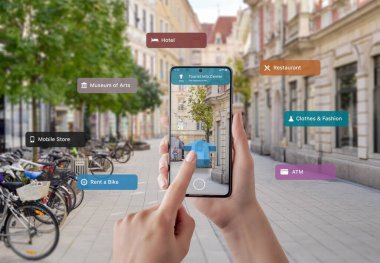 Tourist information and signposts on smart phone in tourist hands. The concept of using augmented reality apps and technology in tourism clipart