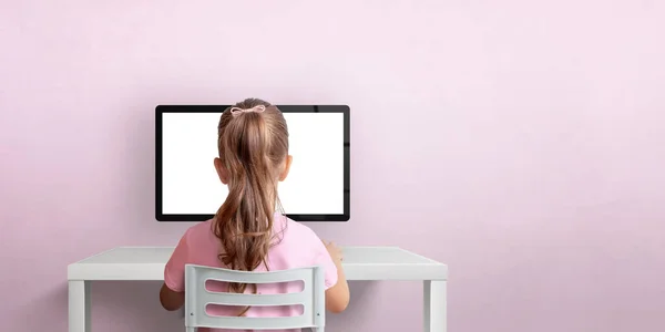 Girl Sitting Chair Working Computer Isolated Computer Display Design Promotion – stockfoto